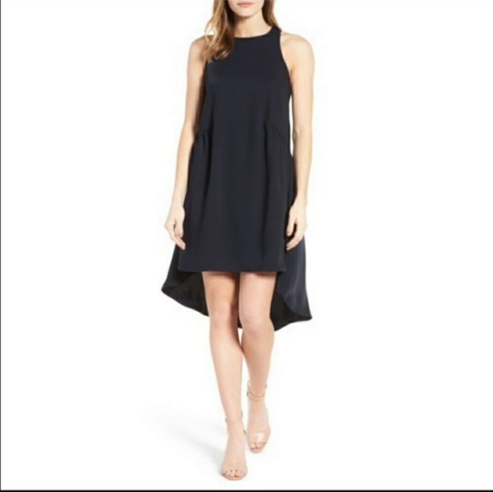 PLEIONE Ruffled Sleeveless Hi-Low Shift Dress Navy Blue Ethereal Flowy Sz M